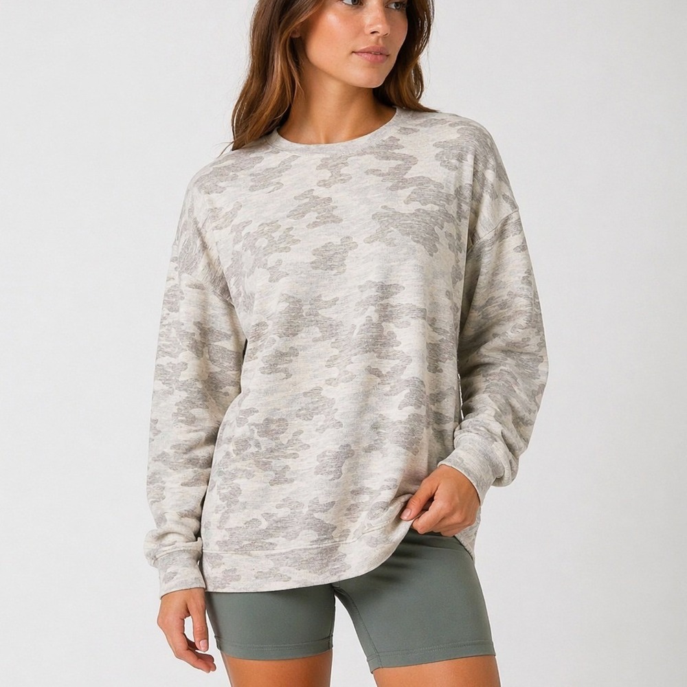 Athleta Pure Luxe Printed Sweatshirt Womens XS/S Camo Gypsy Gray Athleisure Yoga